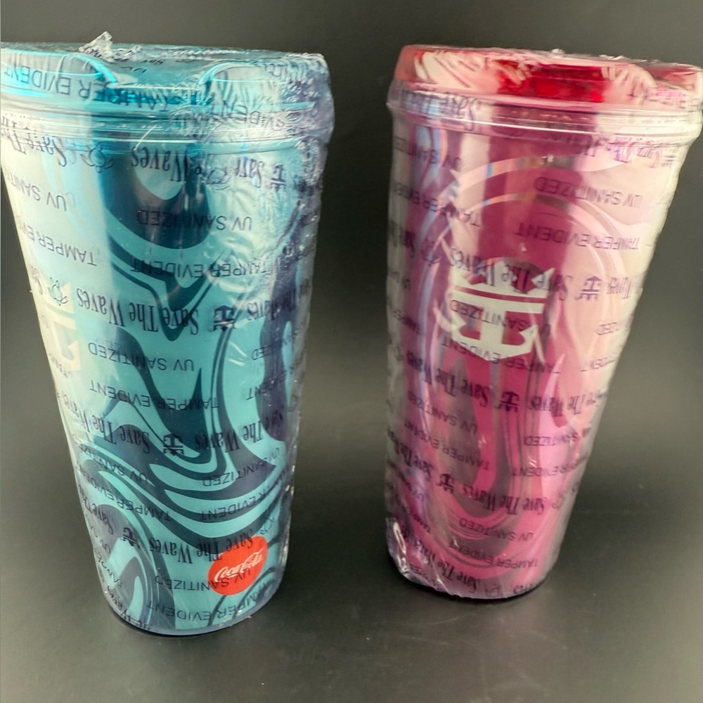 2 NWTs Royal Caribbean cruise ship insulated drink cups. Blue & Pink. 16oz